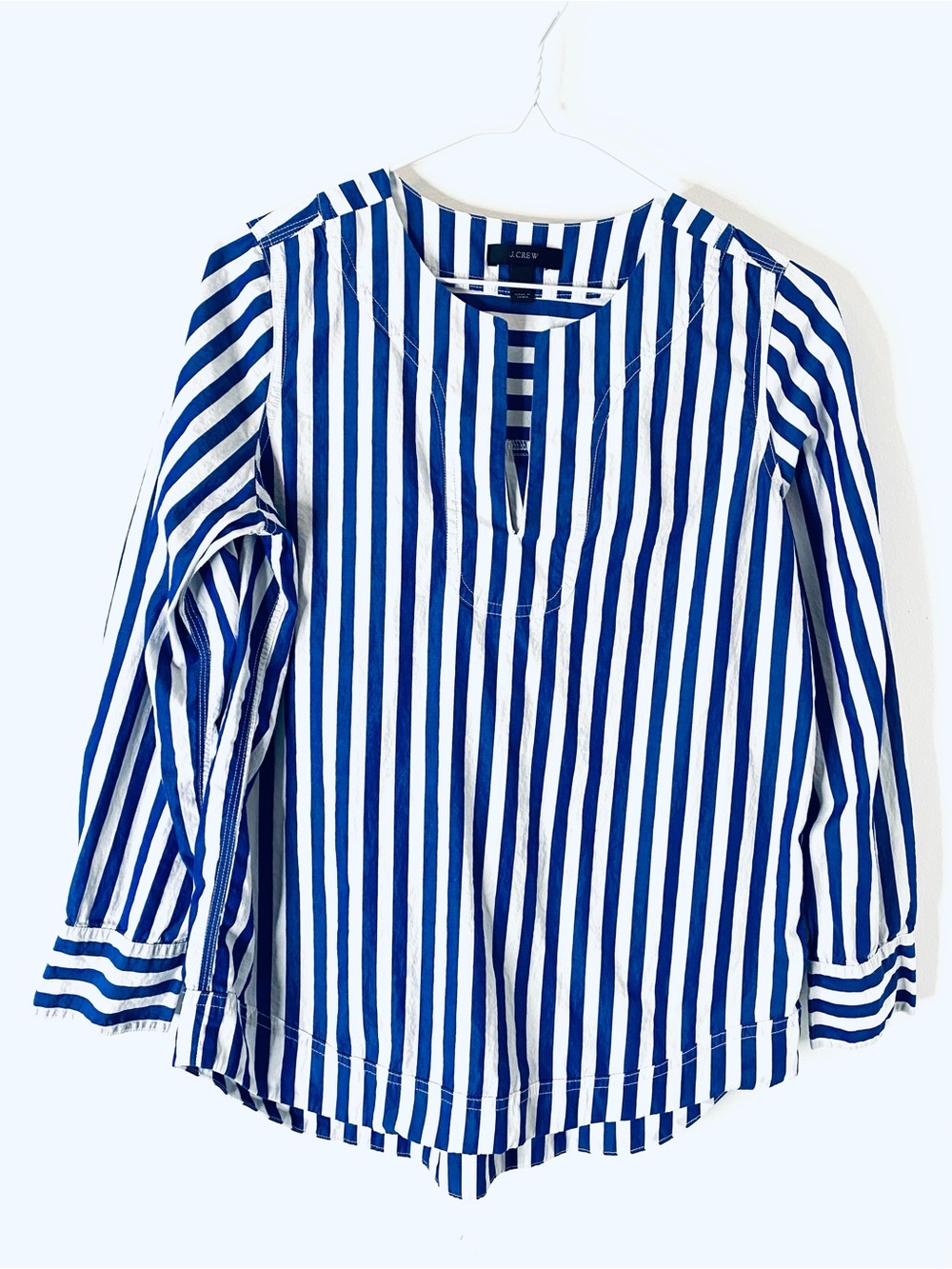 J. Crew Blue White Stripe Cotton Popover Blouse Split Neck Tunic Top